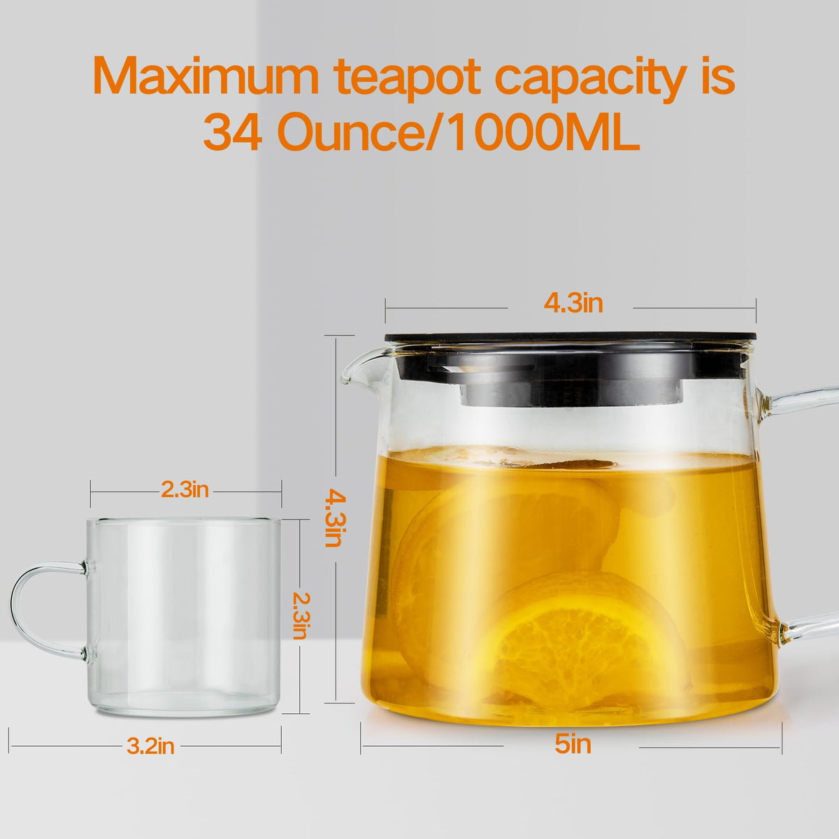 YMMIND Glass Teapot 34oz/1000ml with 4 Pack Tea Cups Gift Set, Removable Stainless Steel Infuser Tea pot, Heatproof