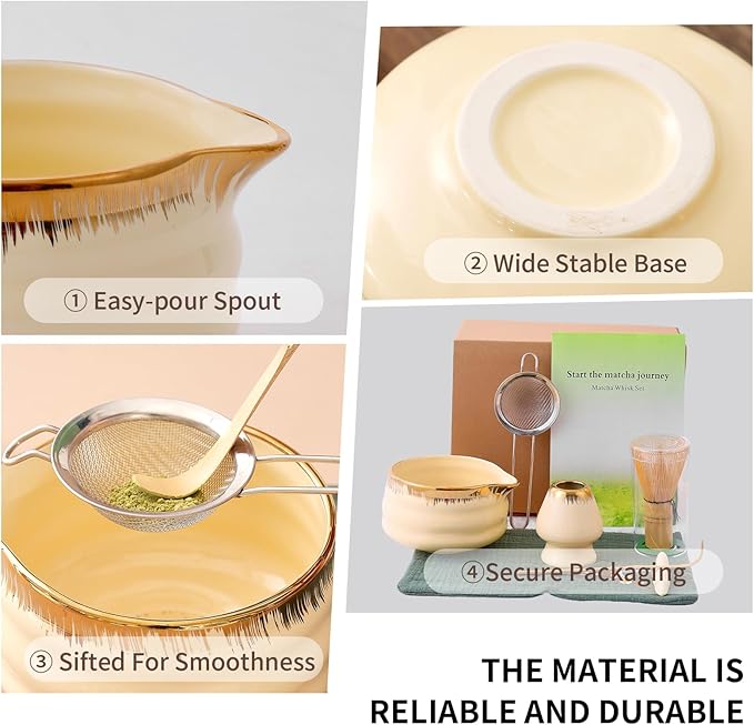7-Piece Matcha Whisk Set – Yellow Spouted Ceramic Bowl with Golden Texture + Bamboo Whisk, Ceremonial Matcha Kit for Breakfast/Latte