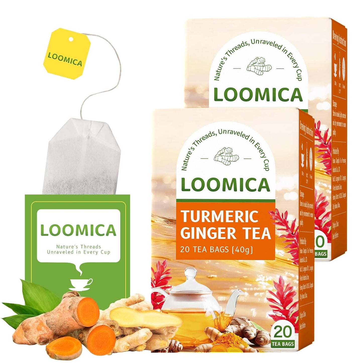 LOOMICA Turmeric Ginger Tea Bags, Caffeine Free, 100% Natural Warm &amp; Spicy Herbal Blend with Zesty Turmeric and Ginger for Comfort, Individually Wrapped Bags, 20 Counts (Pack of 2)
