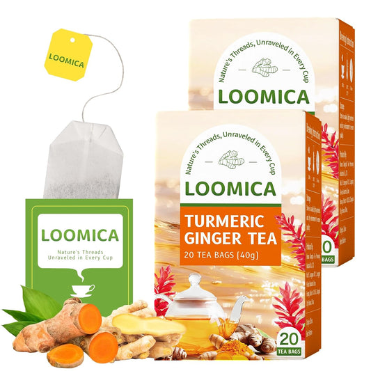 LOOMICA Turmeric Ginger Tea Bags, Caffeine Free, 100% Natural Warm &amp; Spicy Herbal Blend with Zesty Turmeric and Ginger for Comfort, Individually Wrapped Bags, 20 Counts (Pack of 2)