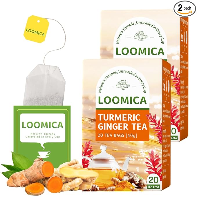 LOOMICA Turmeric Ginger Tea Bags, Caffeine Free, 100% Natural Warm & Spicy Herbal Blend with Zesty Turmeric and Ginger for Comfort, Individually Wrapped Bags, 20 Counts (Pack of 2)