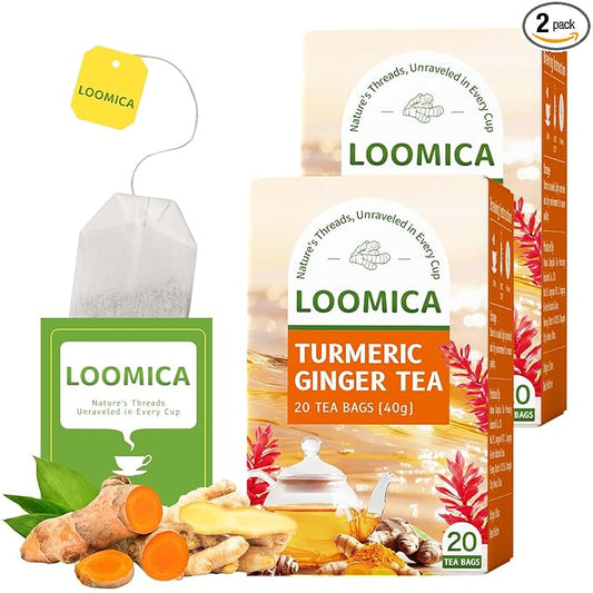 Loomica Turmeric Ginger Tea Bags, Caffeine Free, 100% Natural Warm & Spicy Herbal Blend with Zesty Turmeric and Ginger for Comfort