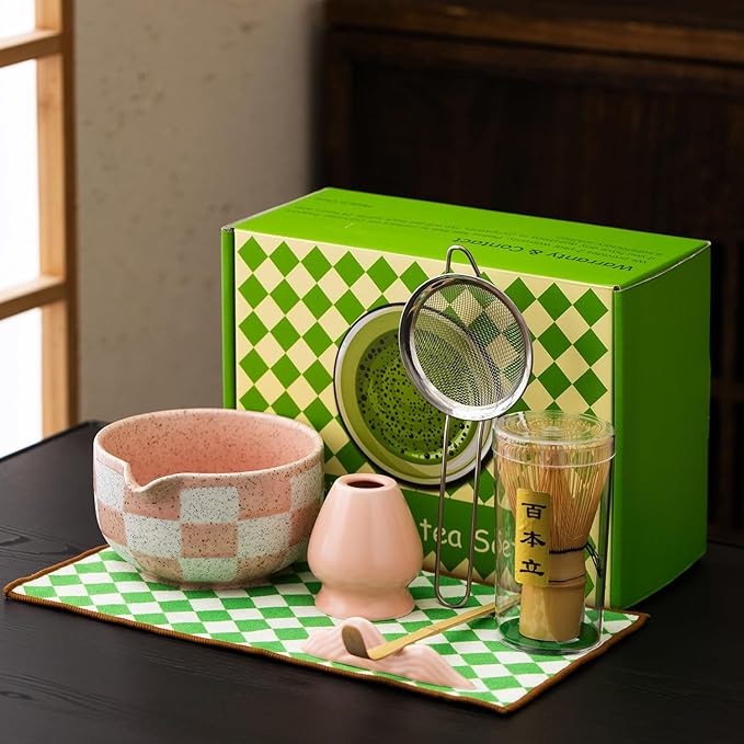 Premium 7-Piece Matcha Tea Set – Traditional Japanese Style with Elegant Grid Pattern, Includes Bamboo Whisk, Ceramic Bowl, Scoop & More