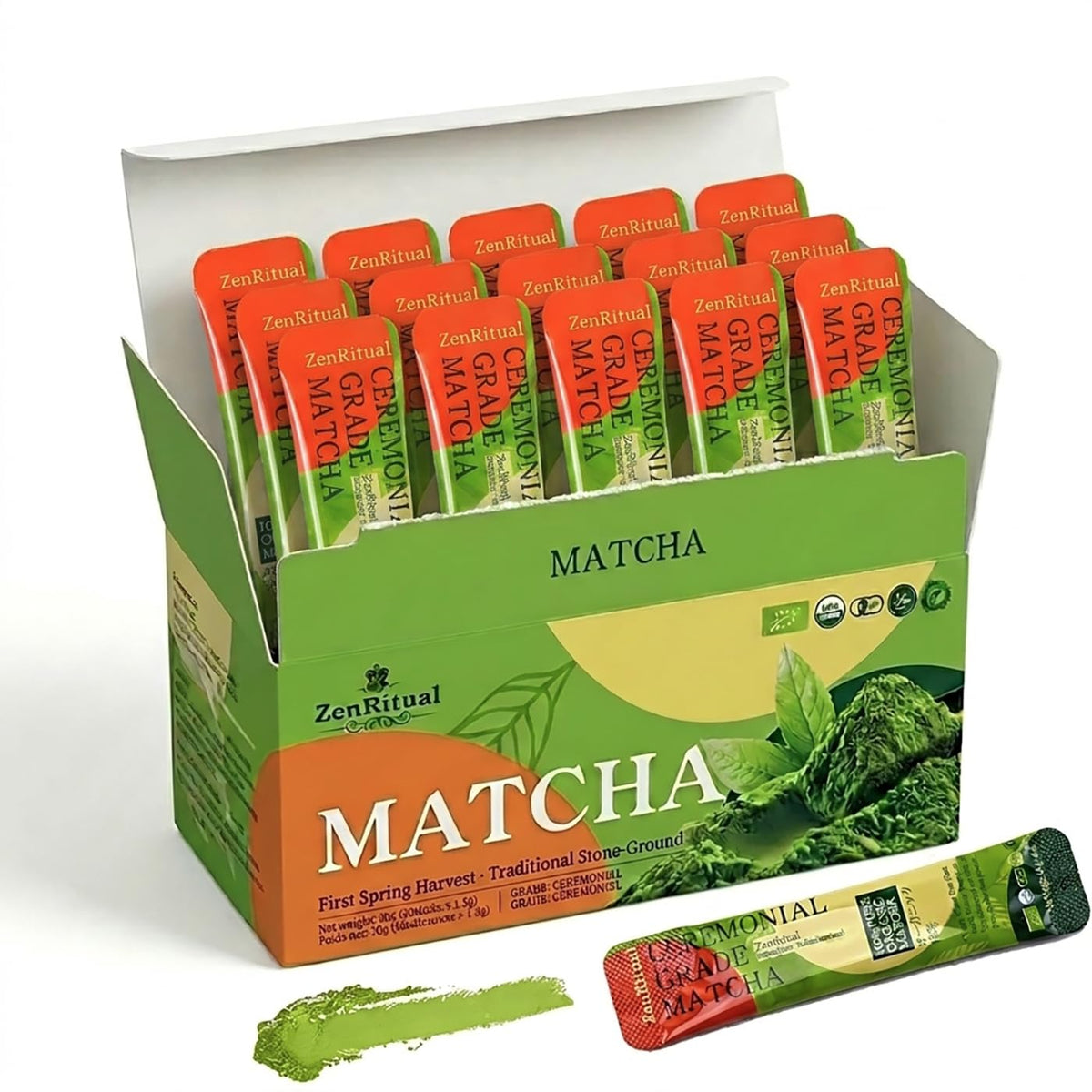 ZenRitual Matcha Powder Packets, 20 Single Serve Sticks, Ceremonial Grade