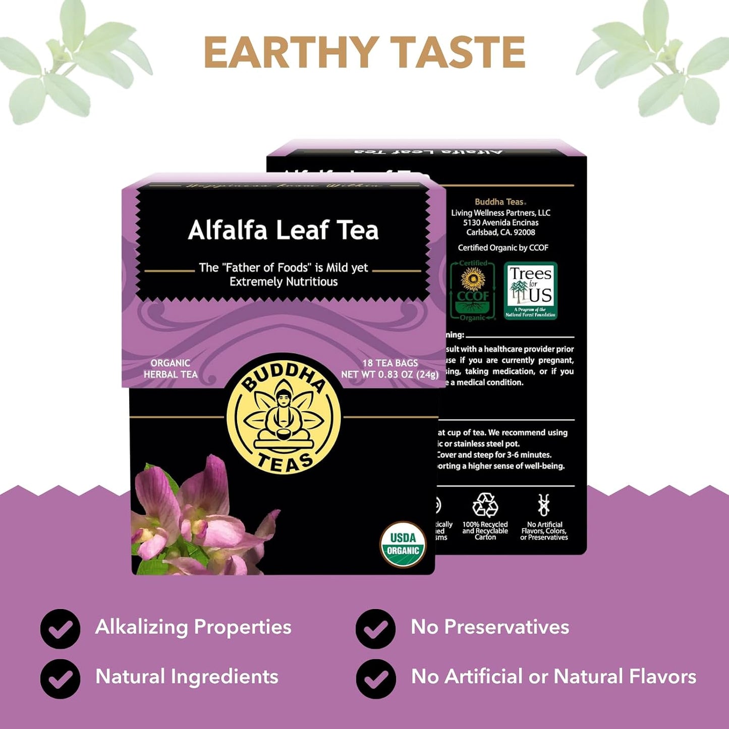 Buddha Teas - Alfalfa Leaf Tea - Herbal Tea - For Health &amp; Wellbeing - With Vitamins, Minerals &amp; Antioxidants - Clean Ingredients - Caffeine Free - OU Kosher - 18 Tea Bags (Pack of 1)