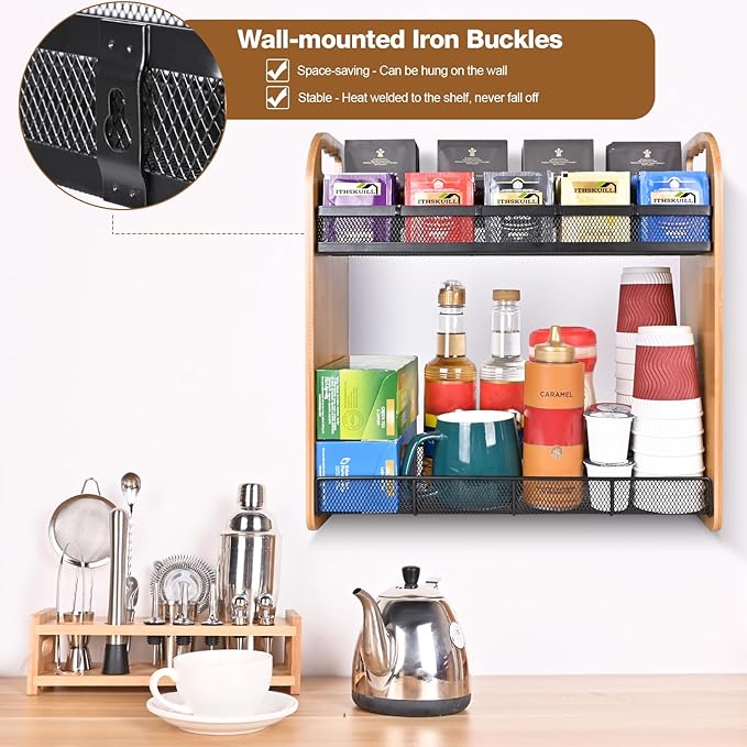 Tea Bag Organizer, Large Capacity Tea Organizer for Tea Bags, Bamboo Multi-functional Storage Coffee Bar Accessories for Home Office Kitchen Counter