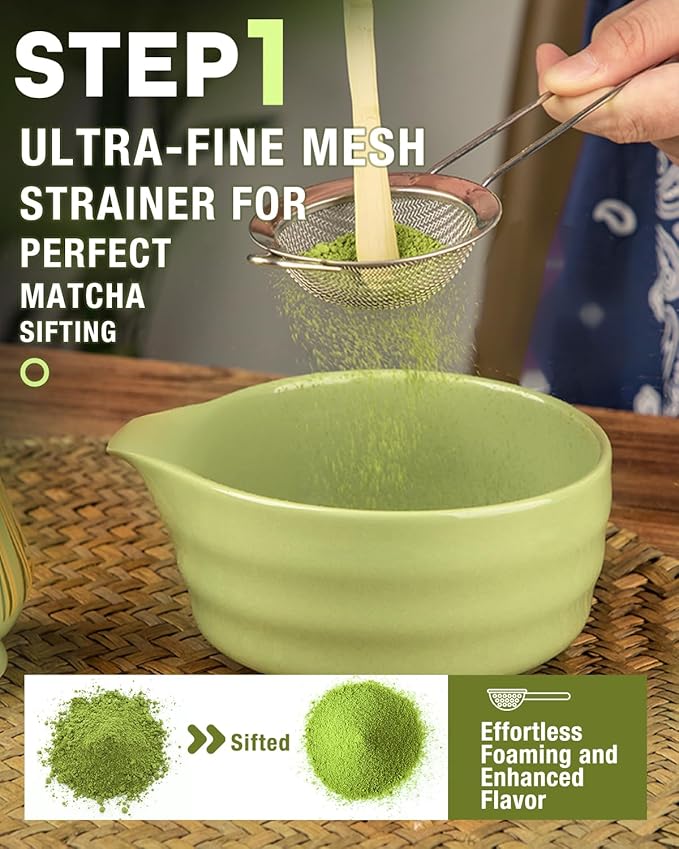 Matcha Whisk Set - 5PCS Matcha Set Includes 17OZ Chawan with Spout, Bamboo Chasen Whisk with Ceramic Holder, Mat cha Scoop and Stainless Sifter
