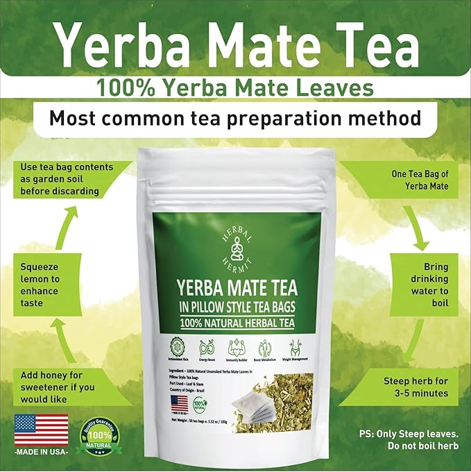 Herbal Hermit Yerba Mate herbal-teas with 50 tea bags Natural Yerba Matte Rich in Chlorophyll, Made in USA