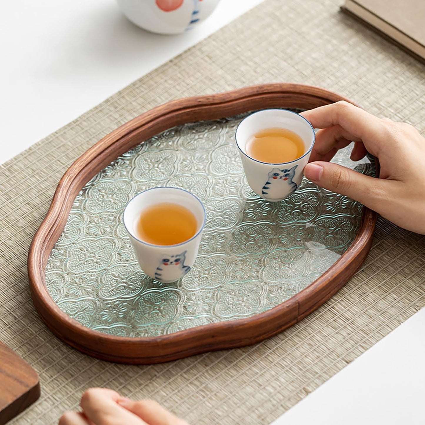 IwaiLoft Glass Serving Tray with The Crabapple Pattern Glass and Walnut for Kitchen Countertop Home Decor for Coffee Table, Also Suitable for Tea Coffee Decorative Trays (Clear,11.4" x 7.8" x 1")