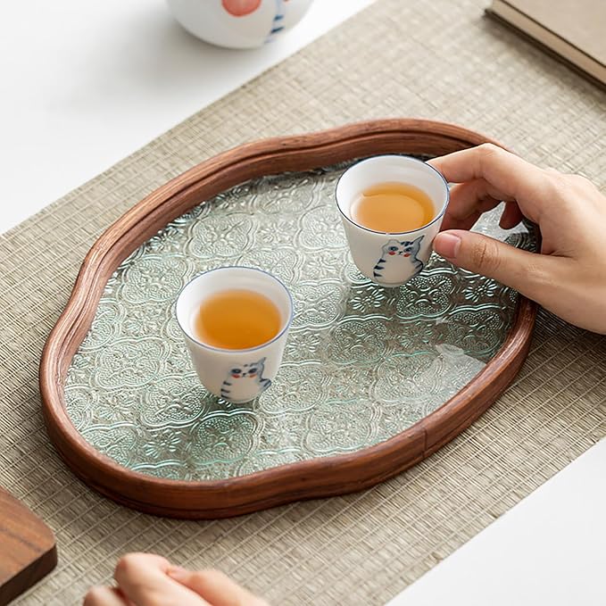 IwaiLoft Glass Serving Tray with The Crabapple Pattern Glass and Walnut for Kitchen Countertop Home Decor for Coffee Table
