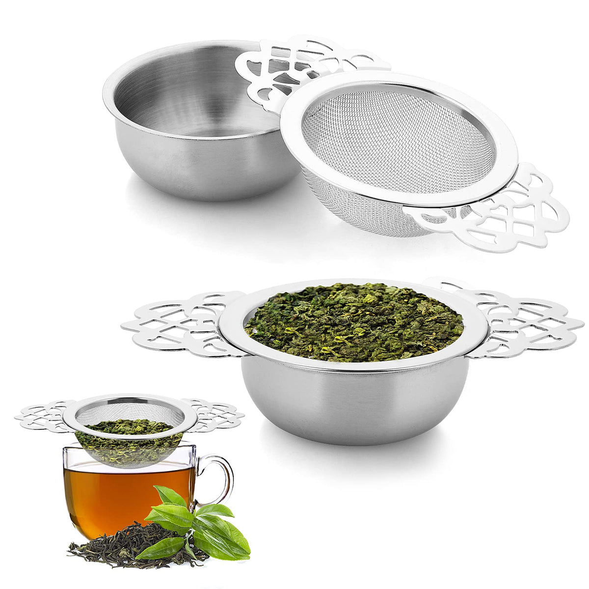Abeillo 2 Pack Small Fine Mesh Tea Strainers with Bowl, Stainless Steel Loose Tea Infusers Strainers 7 cm Diameter Tea Filter