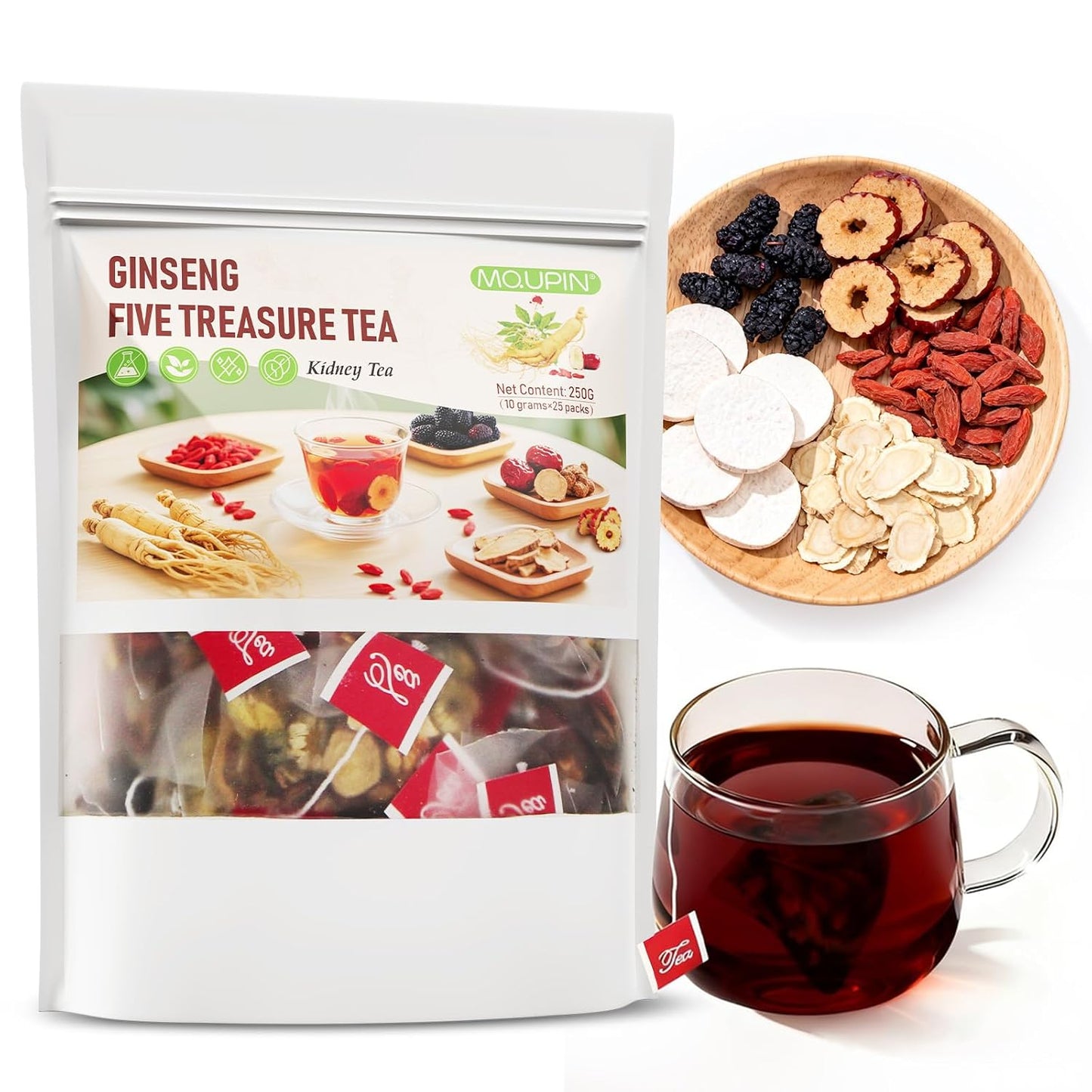 Ginseng Five Treasure Kidney Tea, Natural Cleanse Tea with 5 Precious Ingredients, Kidney Cleanse Detox &amp; Repair for Men &amp; Women, Chinese Herbal Tea Bags(10g x25pcs)