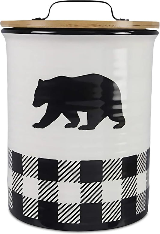 Young's Ceramic Treat Jar with Airtight Lid, Black and White Buffalo Plaid Bear Dog Treat Container, Decorative Cat Food Storage Canister