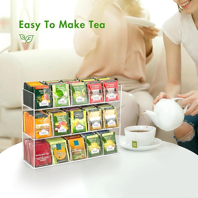 Beygorm Acrylic Tea Bag Organizer for 270 Tea Packets, No Assembly Required Display Holder for Countertop, Vertical Tea Bag Caddy for Cabinet