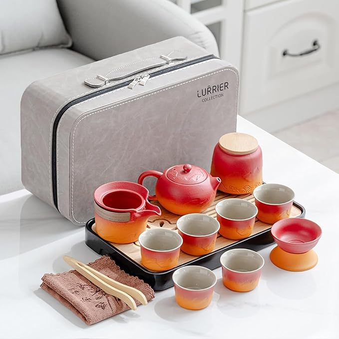 LURRIER Gongfu tea sets, Portable Ceramic TeaSet, Asian Tea sets for adult, Tea Gift sets, Grey leat