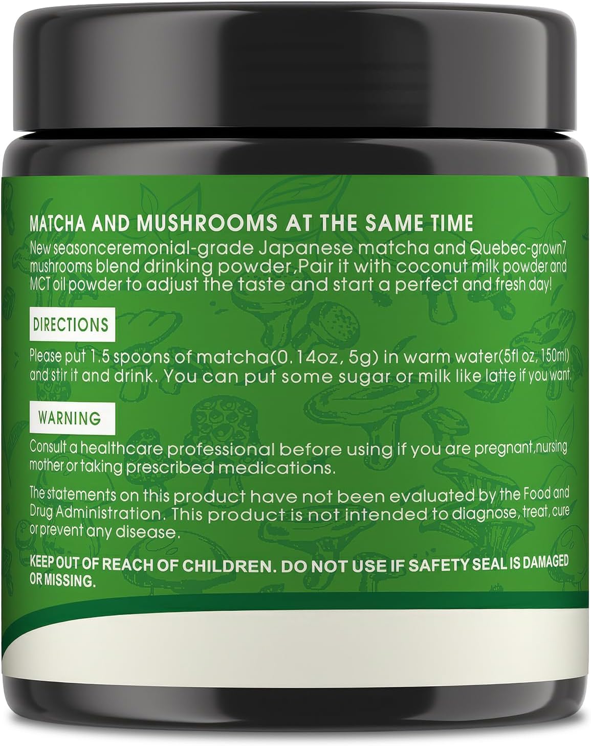 Mushroom Matcha Powder, Japanese Ceremonial Matcha Infused With 7 Superfood Mushrooms, MCT Oil, Coconut Milk Powder, Natural, Gluten Free, Taste Great Matcha Latter 8 Oz(45 Servings)