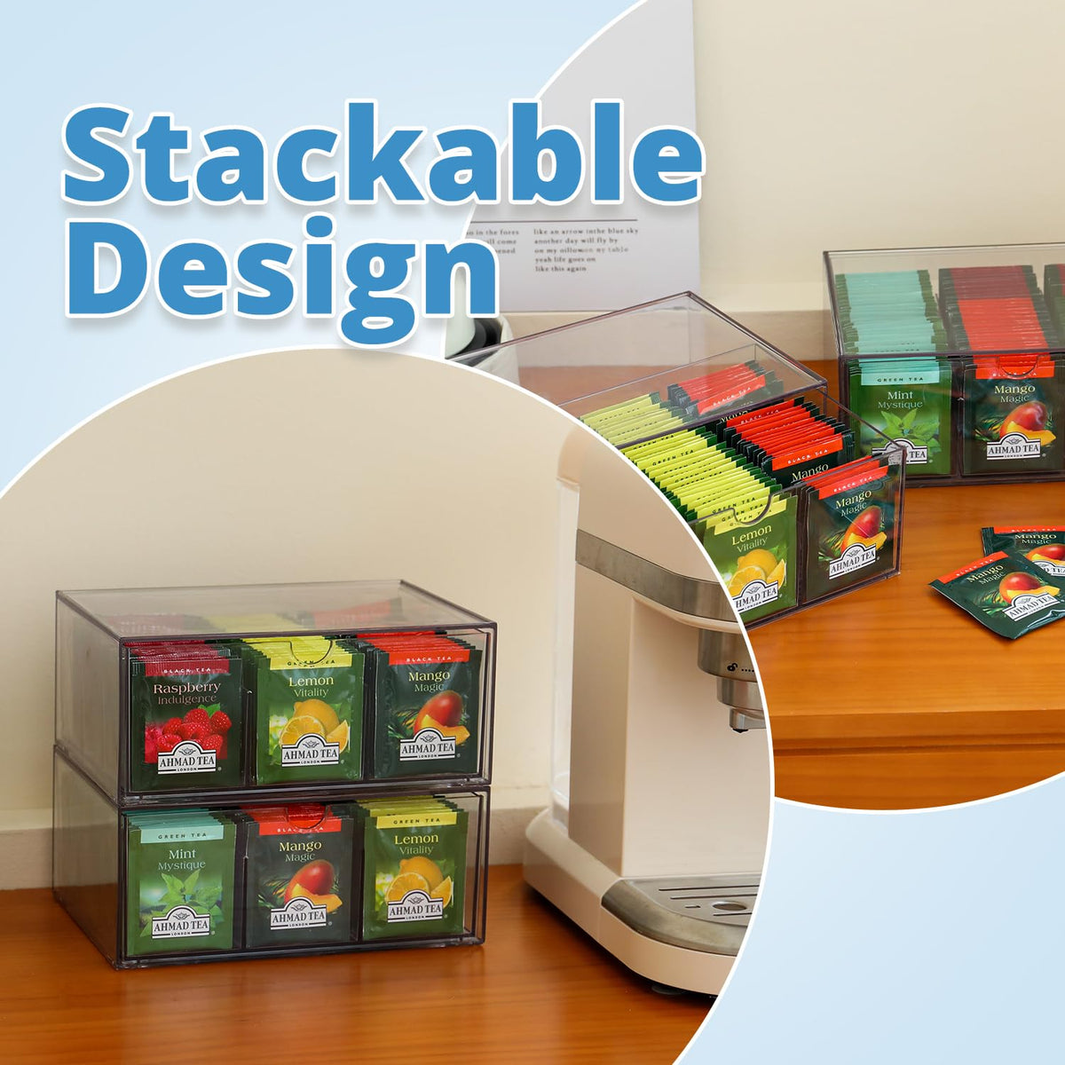 CLUQMEIK 2 Large Acrylic Tea Bag Organizer, 9 Grids Tea Organizers and Storage with Acrylic Drawers Stackable, Teabag Holder