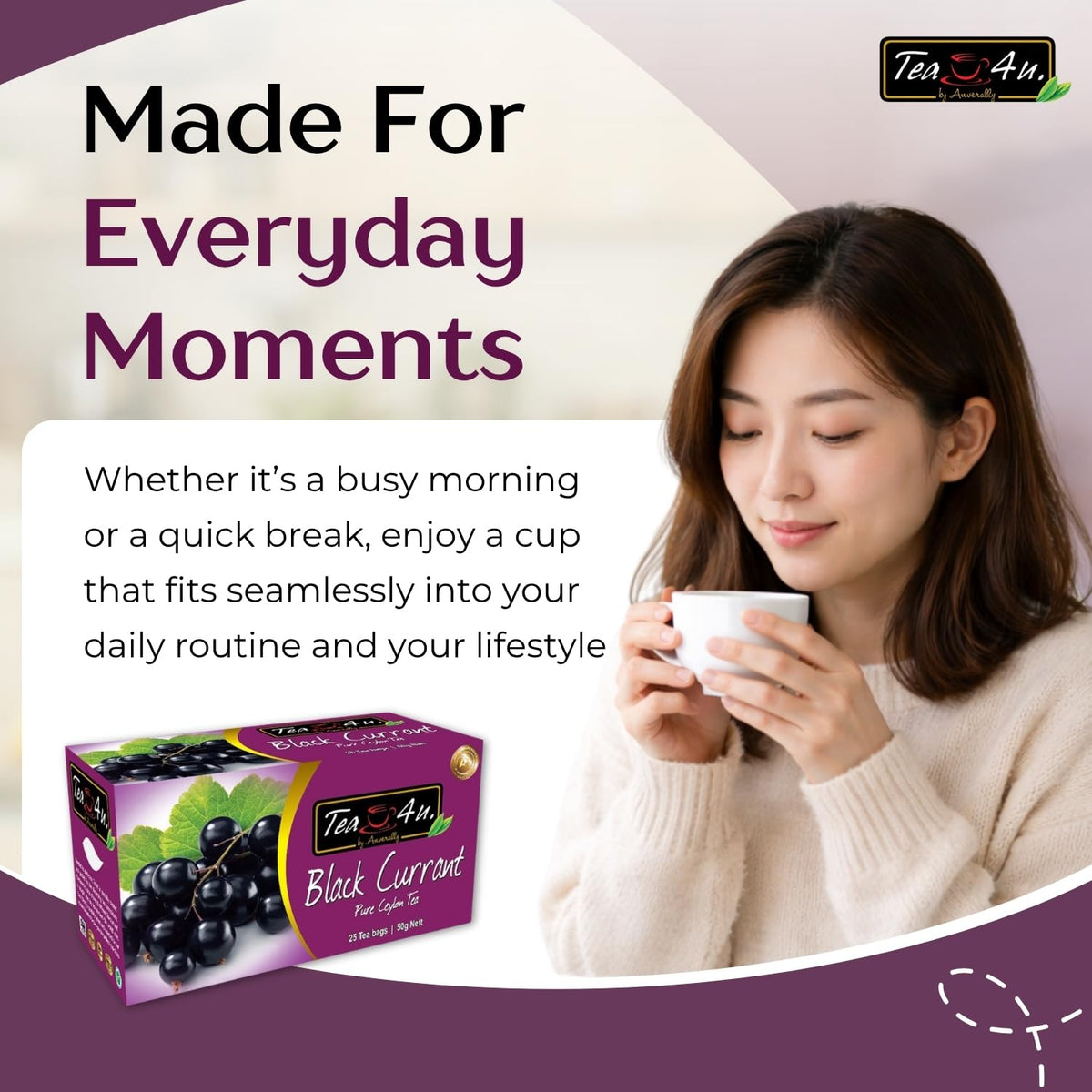 Tea4U Black Currant Flavored Ceylon Tea Bags - Fruity Blend - 25 Count