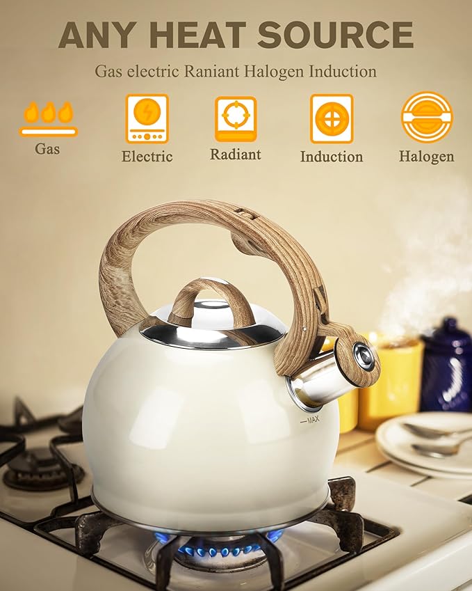 Teapot for Stovetop, 2.1 Quart Stove Top Whistling Tea Kettle, Teapot Kettles with Food Grade Stainless Steel and Wood Pattern Folding Handle