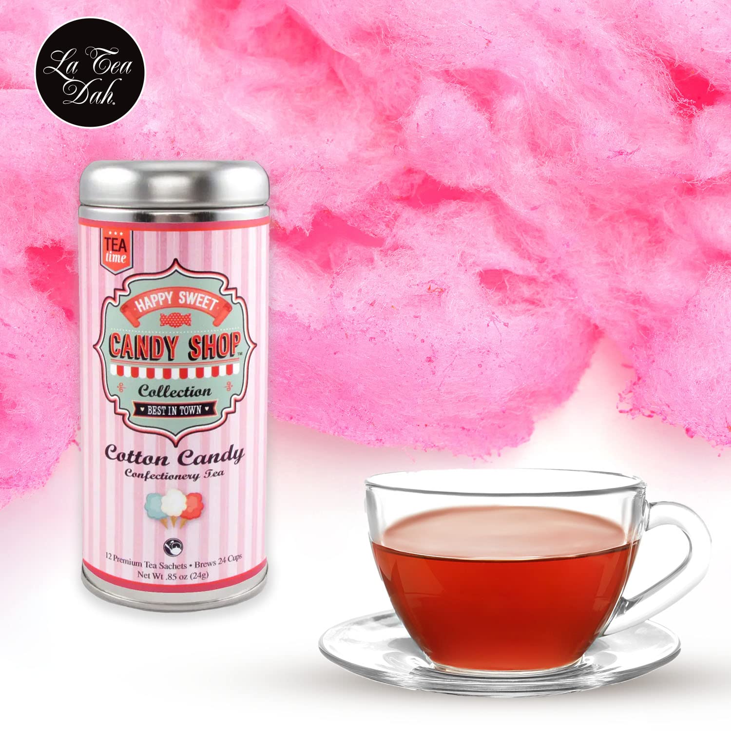 Cotton Candy Tea by La Tea Dah, Lightly Caffeinated Oolong Tea Flavored with Hibiscus, Raspberry, Cranberry, & Apple, Fragrant, Fruity Hibiscus Tea Bags, Dessert Tea (12 Sachets)