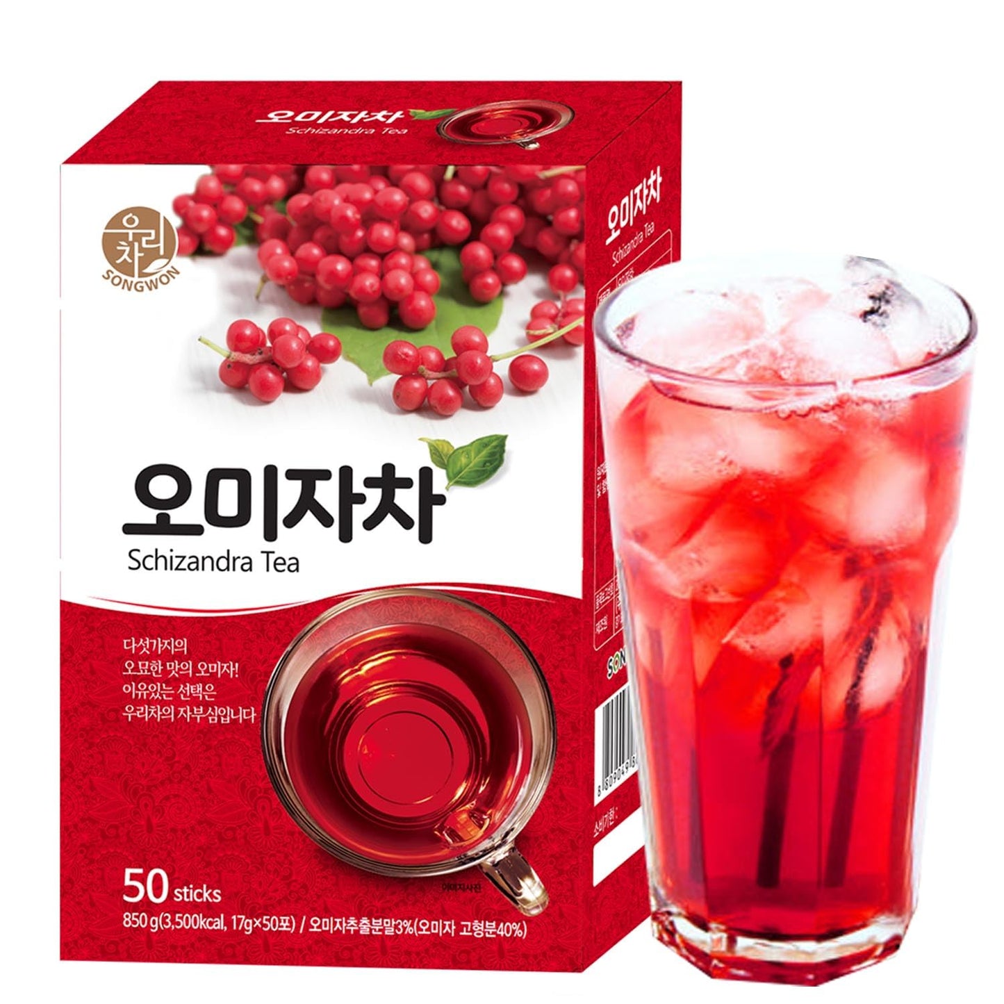 SONGWON Omija Tea Blend with Schisandra, Pomegranate &amp; Aronia – Sweet &amp; Fruity Korean Instant Tea, Convenient Stick Packs for Hot or Cold, 29.98 oz (17g x 50 Sticks)