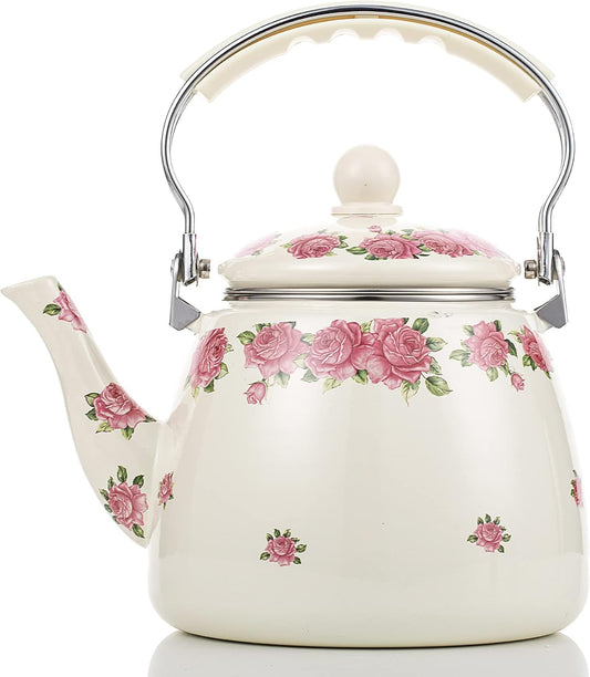 112 oz Floral Tea Kettle Pot for Stove Top, 3.5 QT Enamel Teapot | 3.3 L large teakettle, Porcelain Enameled Teakettle with Stainless Steel Strainer