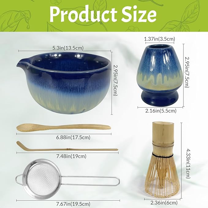 Matcha Whisk Set 6 pc Kit - Traditional Japanese Chasen, Bamboo Whisk Holder, Ceramic Bowl with Spout, Sifter & 2 pc Spoons - matcha kit set