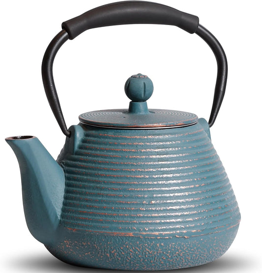 Cast Iron Teapot, 33oz Tea Kettle Stovetop Safe with Infuser for Tea &amp; Coffee, Hand made Japanese Tea Pot Coated with Enameled Interior, Silicone Handle, 950ml Blue
