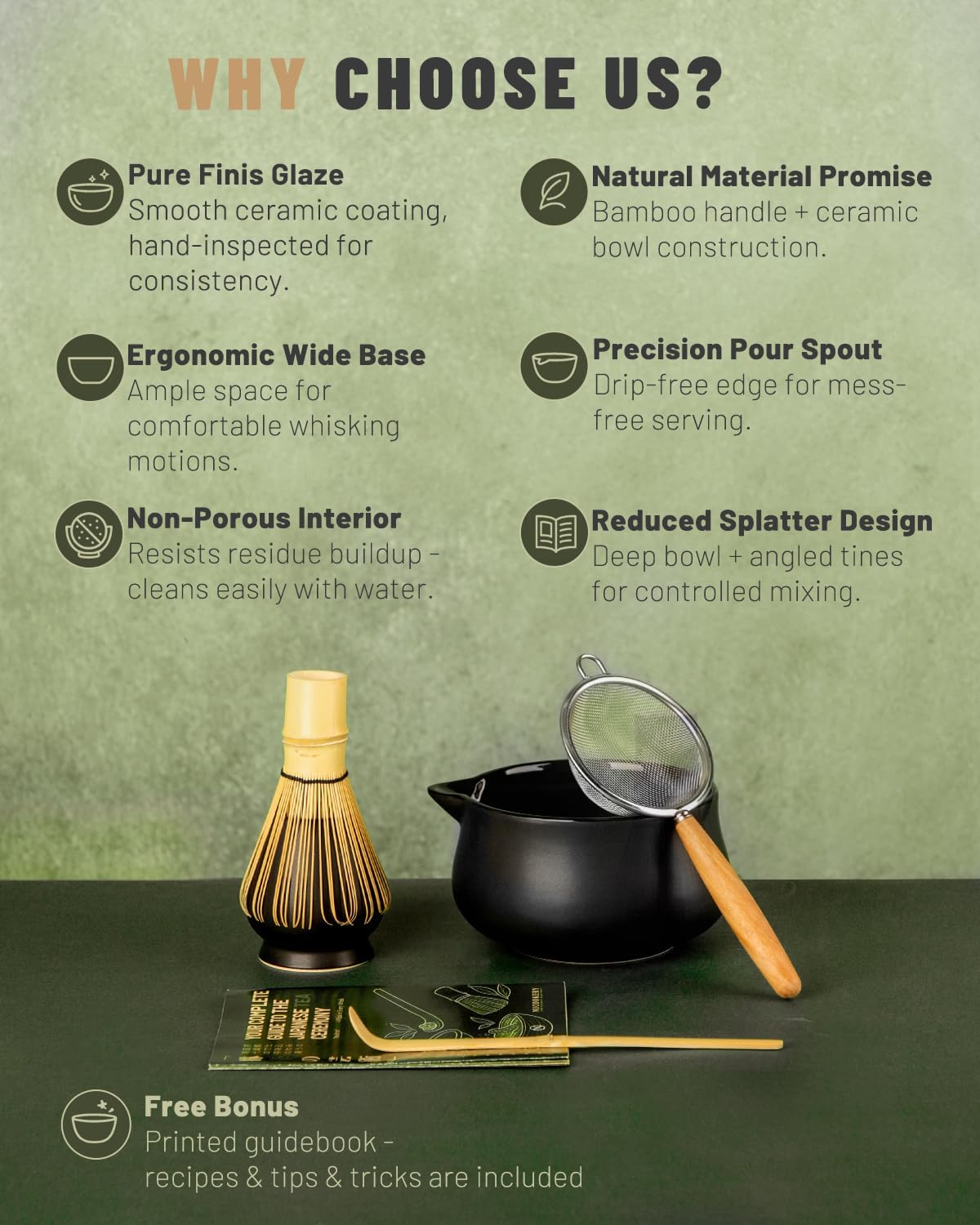 Nucookery Matcha Set with 18oz Ceramic Bowl Bamboo Whisk Kit 5pcs, Black | cute japanese matcha whisk set with spout chawan, chasen, scoop, sifter holder for beginners, tea lovers, starter tools, Gift