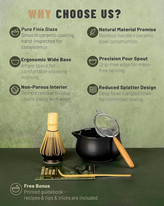 Nucookery Matcha Whisk Set - 5 Pcs Matcha Set with 18oz Ceramic Matcha Bowl (Chawan) with Spout, Bamboo Whisk & Holder, Scoop and Sifter