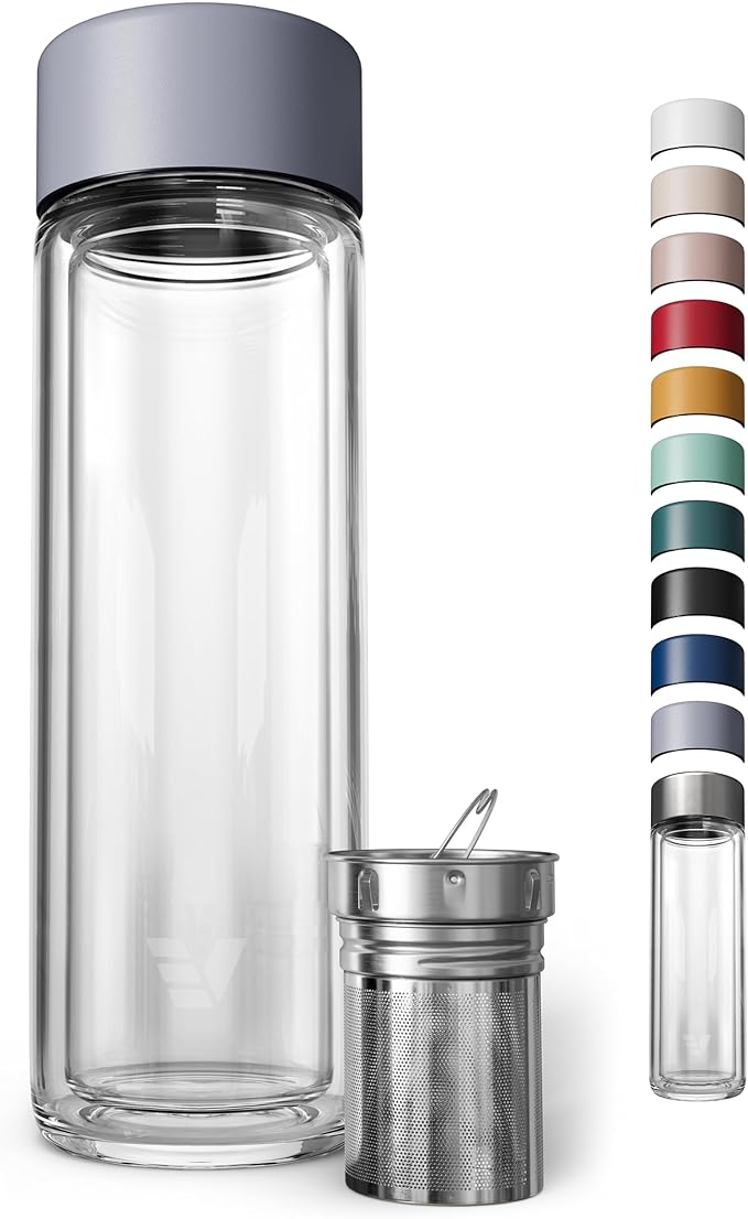 Glass Multi Tea Infuser Bottle 14oz - Double Wall Borosilicate Glass Flask | No Plastic Touches Cont