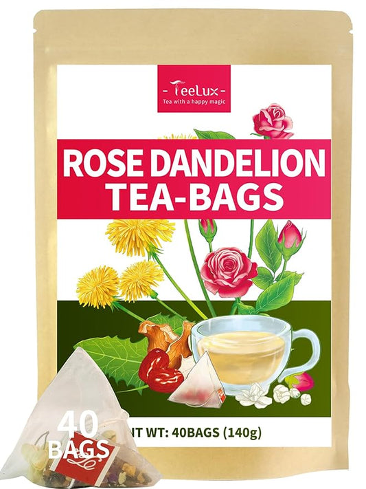 Teelux Dandelion Leaf & Root Tea with Orange Peel, Rose, Jasmine, Red Date, Caffeine Free, Mellow & Light Tarty Flavor, 40 Count