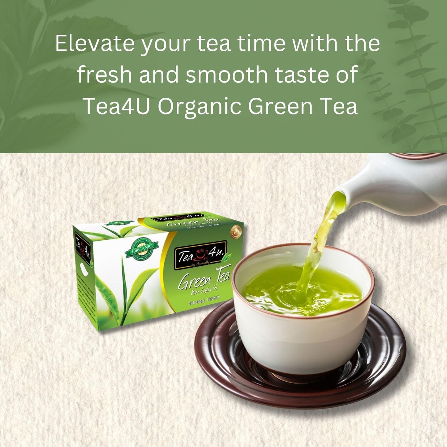 Tea4U Organic Green Tea, Ceylon TeaBags - Handpicked Leaves from the Finest Tea Estates and Expertly Blended - 25 Count