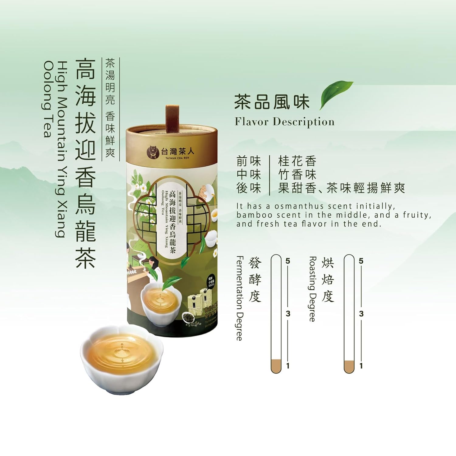 TAIWAN CHA REN Premium Series - Taiwan High Mountain Ying Xiang Oolong Tea Loose Leaves, 14.1oz (100g*4cans)