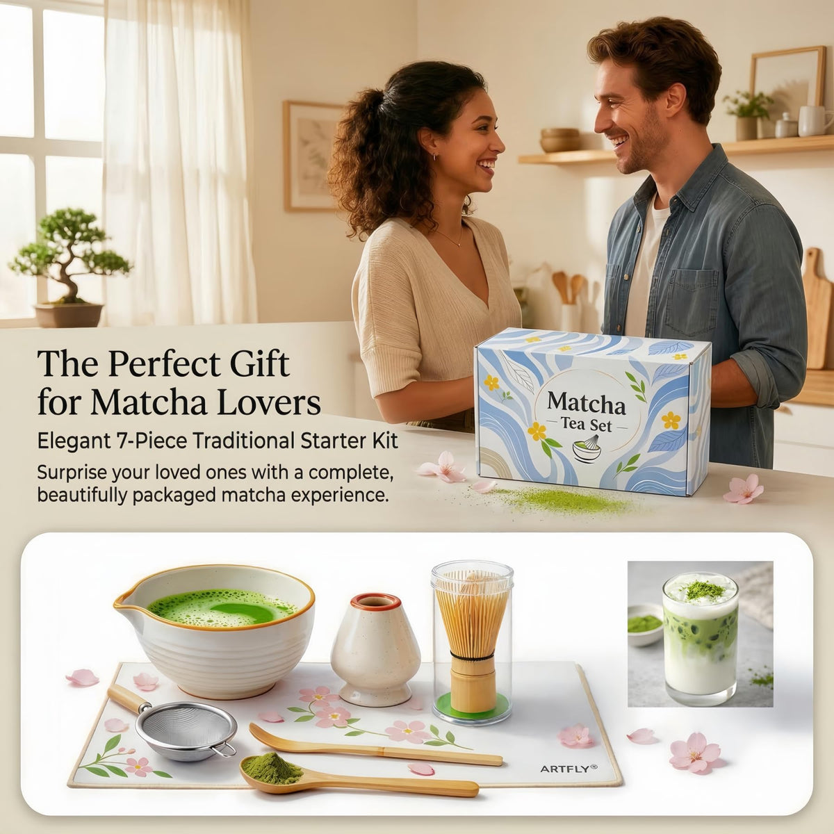 ARTFLY Matcha Set 7 Pcs, Matcha Kit with Whisk Set, Matcha Bowl and Whisk