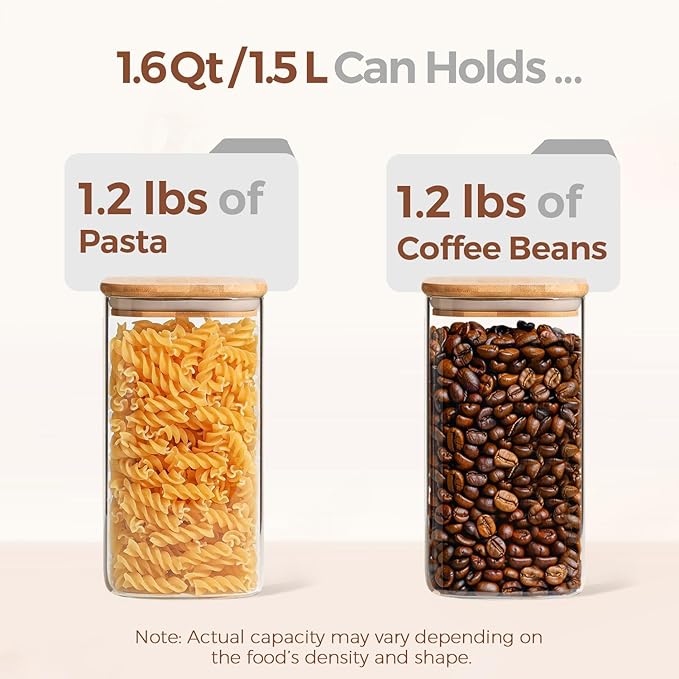 ComSaf Airtight Glass Storage Canister with Wood Lid (1.6 Qt), Clear Food Storage Container Jar with Sealing Lids for Oat Pasta Flour Cereal Rice