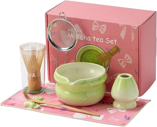 Matcha Kit 7-Pcs matcha whisk set, Measuring Spoon, Japanese Tea Making Tools,Cha, tea bowl, pink matcha set (light green)