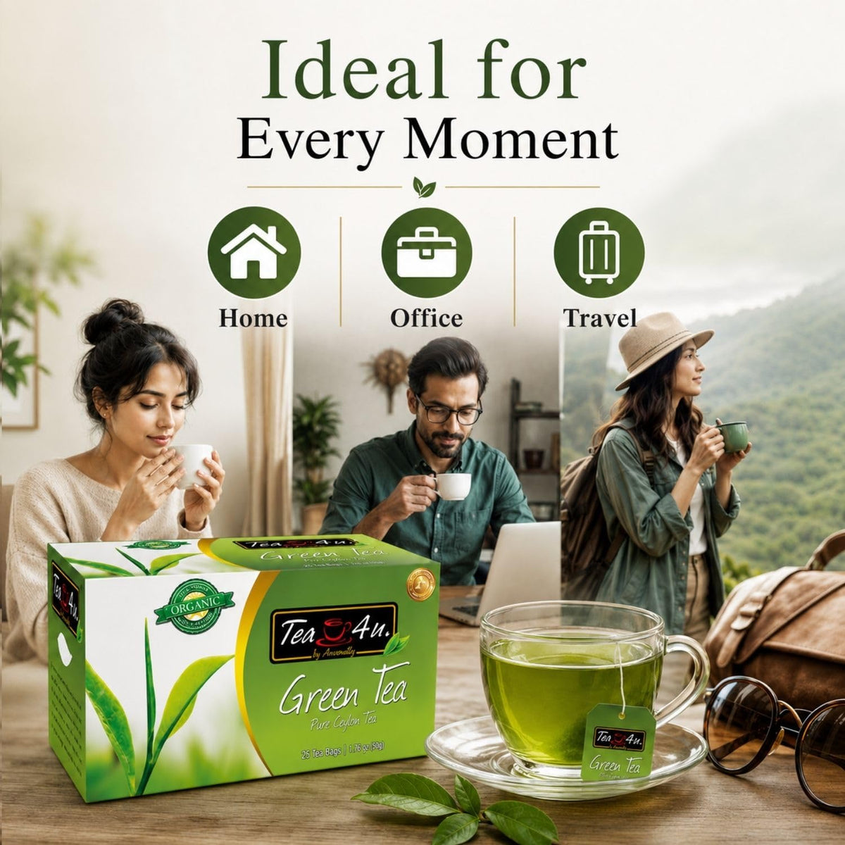 Tea4U Organic Ceylon Green Tea Bags - Handpicked Tea Leaves - 25 Count