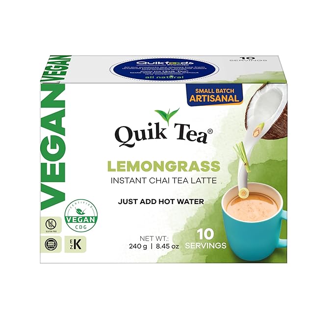 QuikTea Vegan Lemongrass Chai Tea Latte – 10 Count, Instant Herbal Blend with Natural Ingredients, Caffeine-Light, Preservative-Free