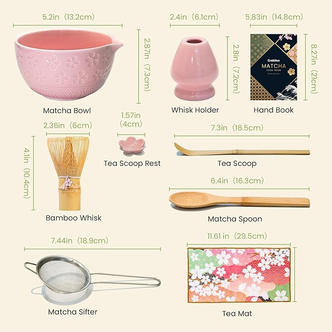 Matcha Whisk Set, Pink Matcha Kit (9 Pcs) Includes Bowl, Whisk, Holder, Scoop, Sifter, Spoon, Rest, Mat, Book