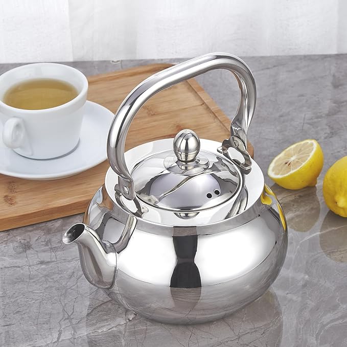 Sanqiahome Stainless Steel Teapot With Removeable Infuser 71 oz (2000ml) Thickened Mirror Polished Stovetop Tea Maker for Herbal and Infusion
