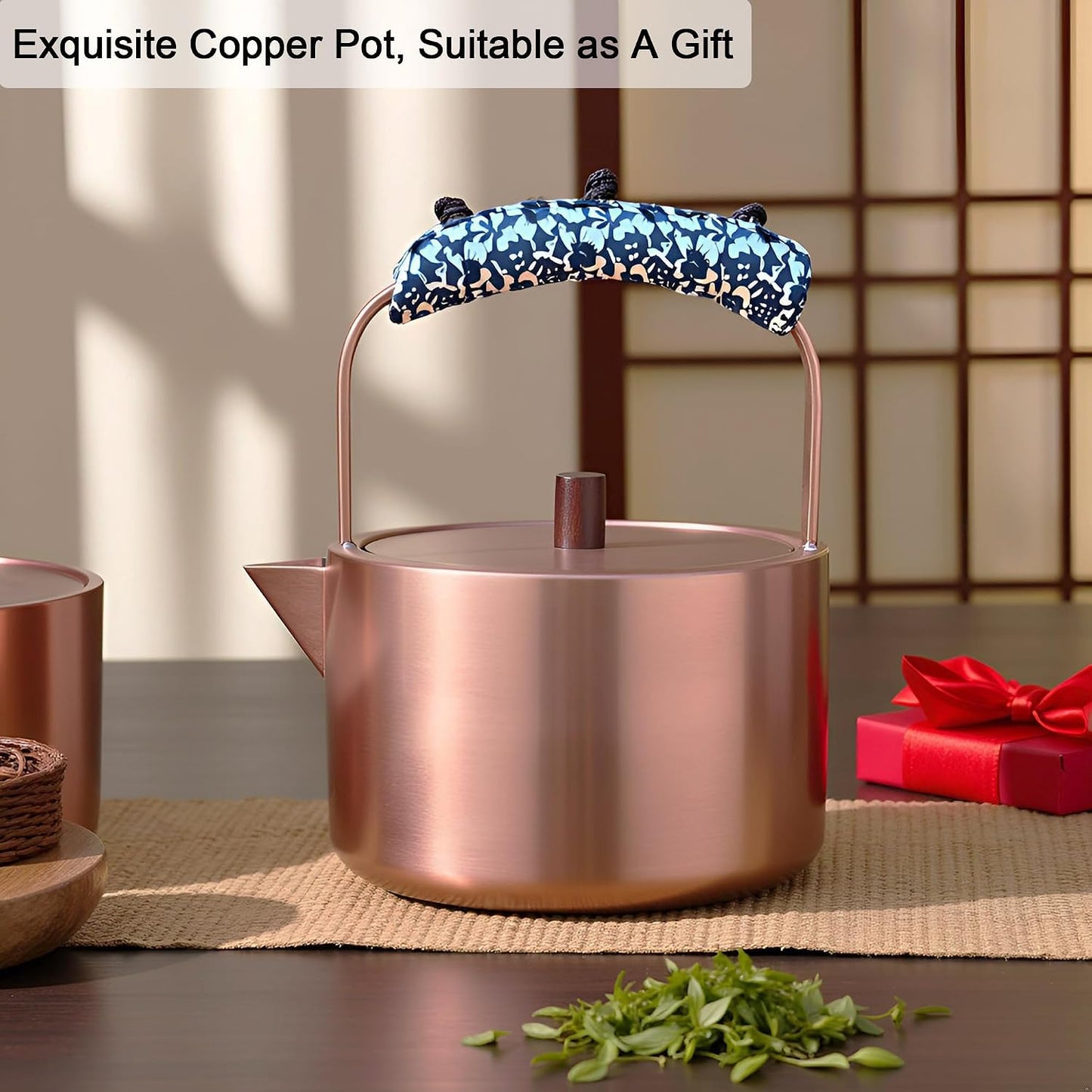 YJX Pure Copper Tea Kettle For Stovetop Safe, Chinese Style Non-Coating Teapot with Stainless Steel Tea Ball For Loose Tea, Durable Tea Pot, 1500ml Kettle