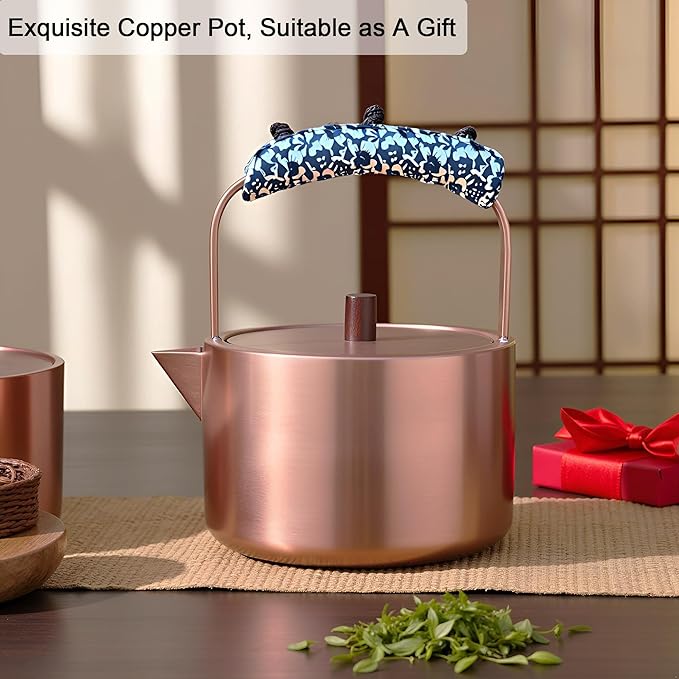 YJX Pure Copper Tea Kettle For Stovetop Safe, Chinese Style Non-Coating Teapot with Stainless Steel Tea Ball For Loose Tea, Durable Tea Pot, 1500ml Kettle