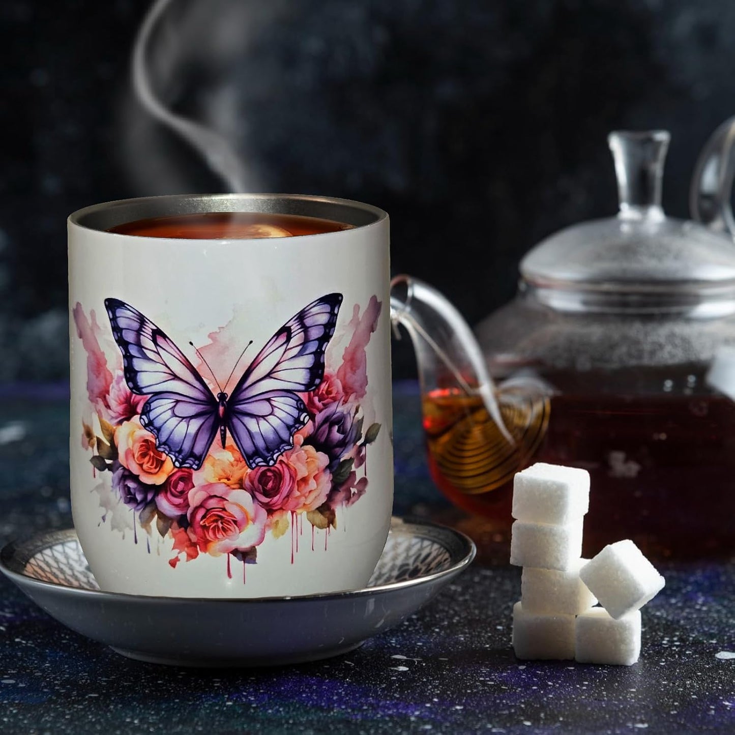 Tea and Honey Gift Set – Insulated Floral Tumbler with Lid, 18 Tea Sachets, Honey Jar, Organic Sugar Sticks, Gold Spoon & Reusable Straw – Relaxation & Self Care Gift Box