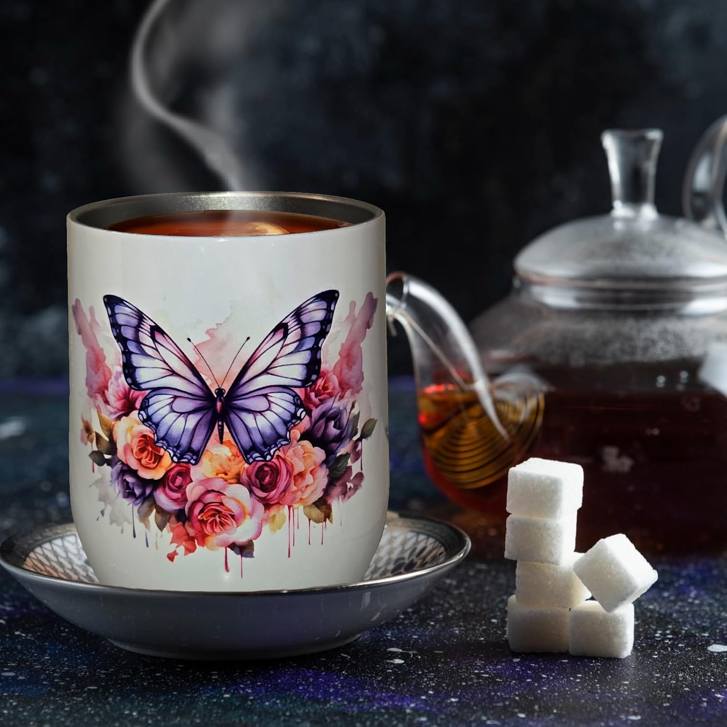 Tea and Honey Gift Set – Insulated Floral Tumbler with Lid, 18 Tea Sachets, Honey Jar, Organic Sugar Sticks, Gold Spoon & Reusable Straw – Relaxation & Self Care Gift Box