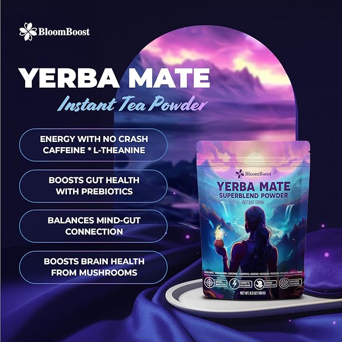 Yerba Mate Instant Tea Powder – Yerba Mate, Ashwagandha, Lion’s Mane, Chlorophyll, Peach Mango Flavor – 6.34 oz (18 Servings) – Sugar-Free, Gluten-Free, Superfood Energy & Focus Blend