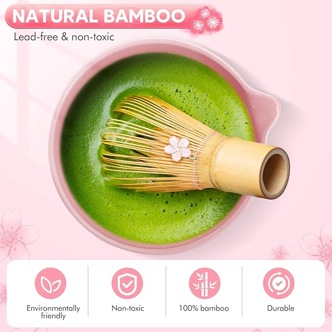 8 PCS Matcha Whisk Set Cute cute matcha bowl and Bamboo whisk set Ceremonical Matcha Making Kit Ceramic Whisk Holder Stand, Sifter, Scoop Japanese Tea Tools For Ceremony Gift-Pink