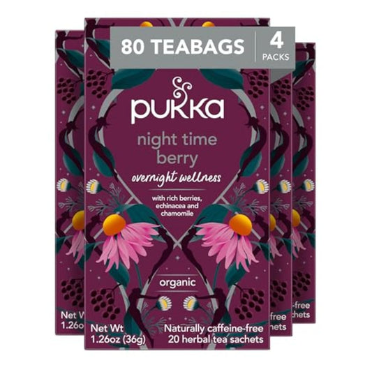 Pukka Night Time Berry Organic Herbal Tea, 80 Bags (20ct - Pack of 4) | Herbal Tea, Soothing Infusion With Chamomile, Lavender &amp; Elderberry for Bedtime Relaxation, Caffeine Free