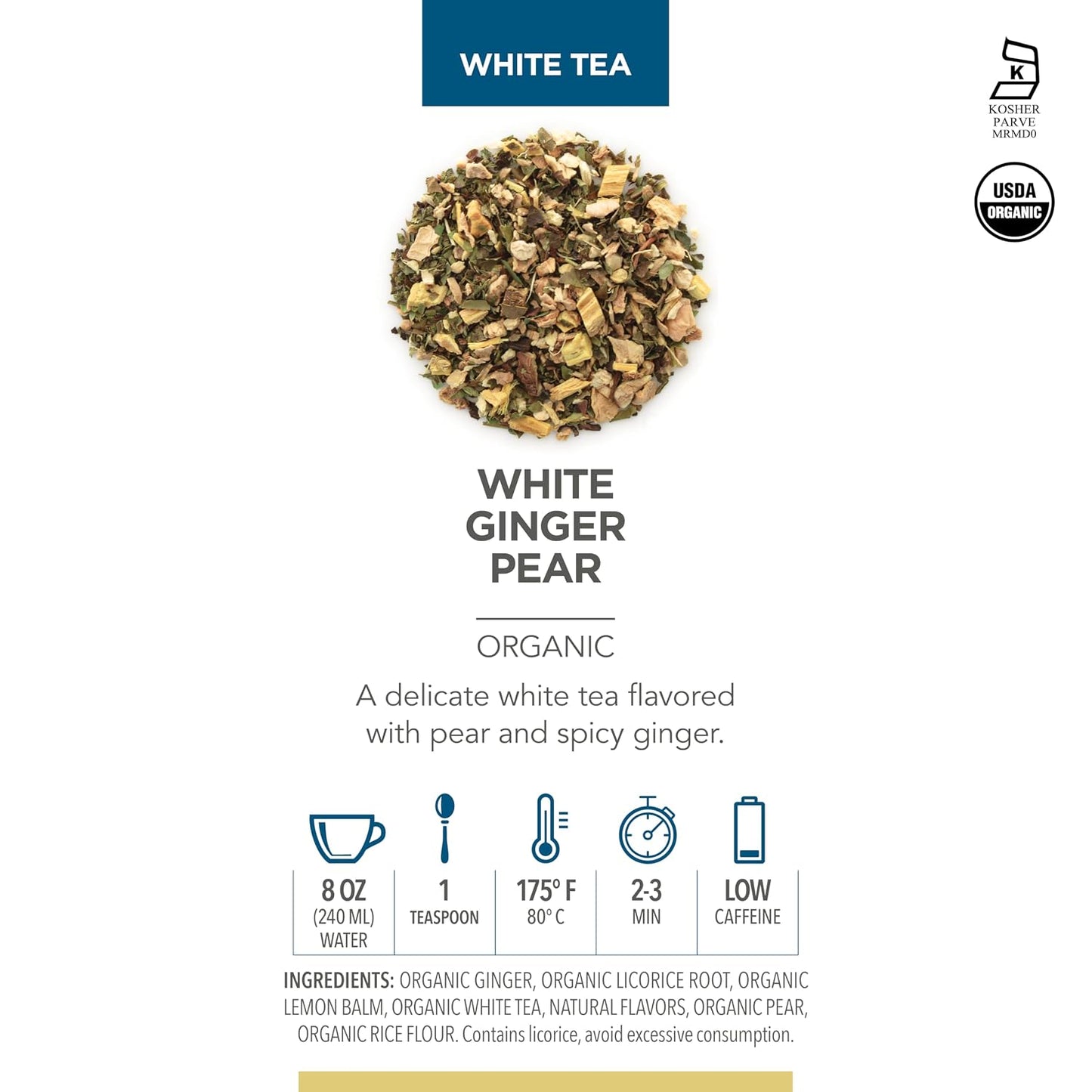 Teabloom Organic White Tea, White Ginger Pear Loose Leaf Tea, Distinctive and Delicate White Tea, USDA Certified Organic and Kosher Certified, 3.53 oz/100 g Canister Makes 35-50 Cups