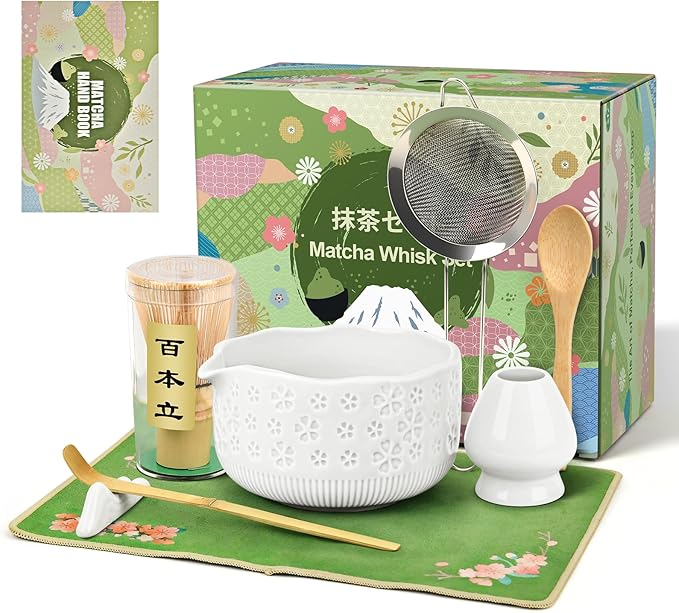 Matcha Whisk Set, 7 Pcs Matcha Making Kit with Matcha Bowl, Matcha Whisk and Holder, Bamboo Scoop, Scoop Rest, Sifter and Tea Towel，Gifts for Christmas Birthday